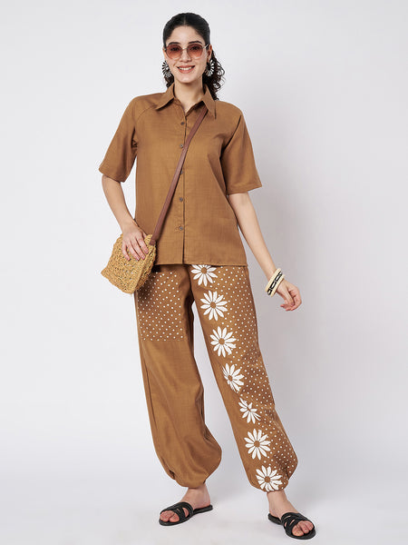 Cotton Placement Print Trouser and Solid Shirt Co-ord