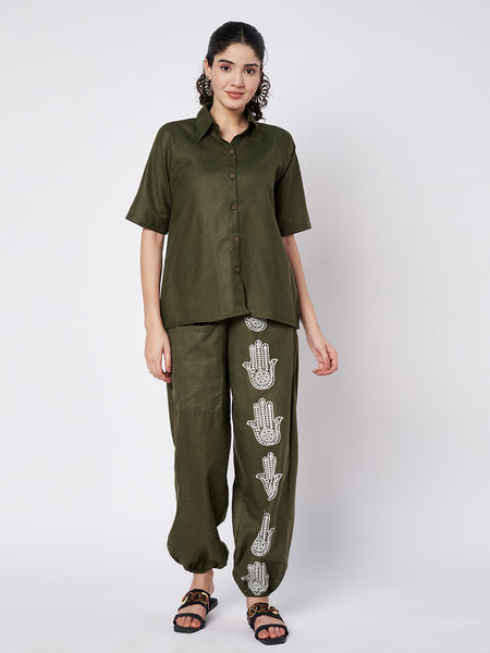 Cotton Placement Print Trouser and Solid Shirt Co-ord