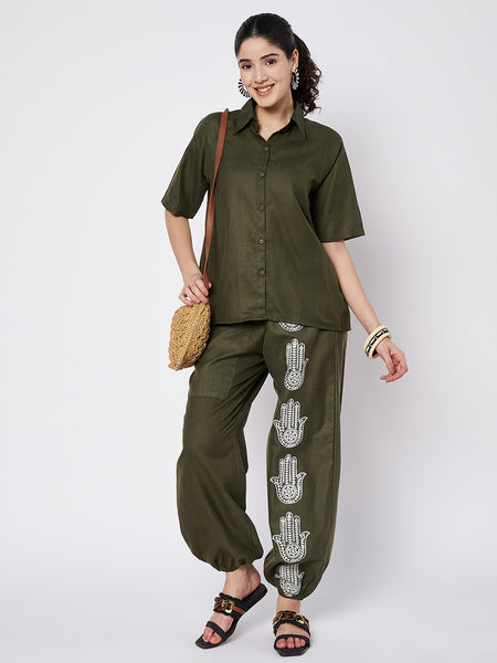 Cotton Placement Print Trouser and Solid Shirt Co-ord