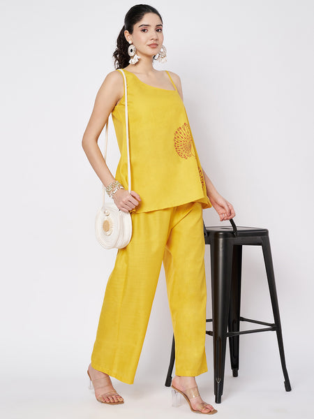 Cotton Solid Trouser and Printed One Shoulder Co-ord
