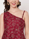 Silk Blend Block Printed One shoulder Kurti