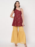 Silk Blend Block Printed One shoulder Kurti