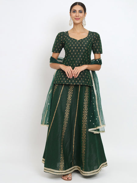 Dupion Hand Block Printed Koti Lehenga Set