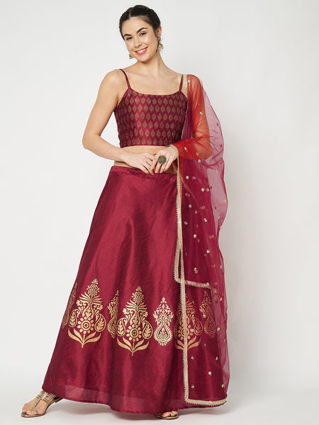 Dupion Hand Block Printed Bias Lehenga Set