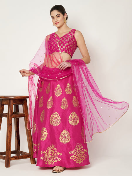 Dupion Hand Block Printed Bias Lehenga Set