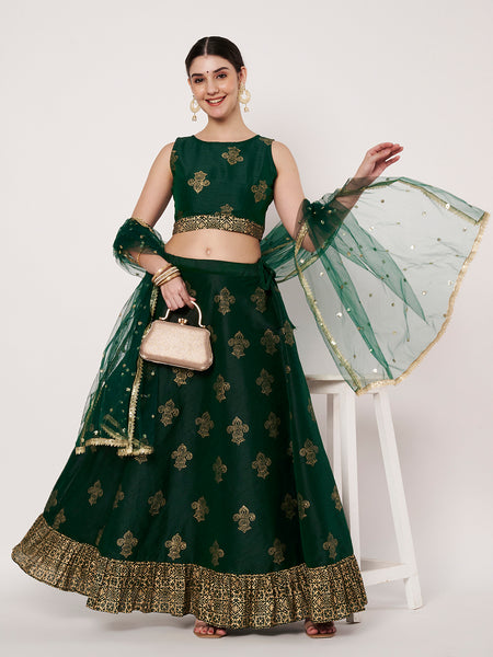 Dupion Hand Block Printed Bias Lehenga Set