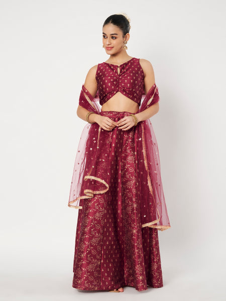 Dupion Block Printed Kalidaar Lehenga Set