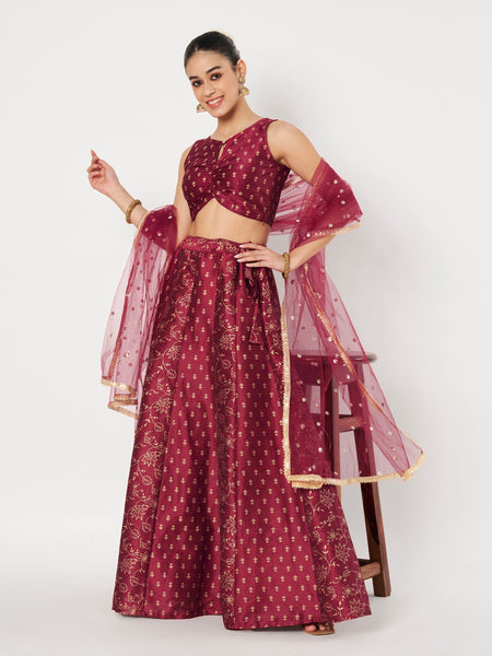 Dupion Block Printed Kalidaar Lehenga Set