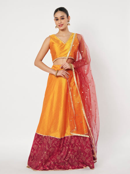 Dupion Block Printed Border Bias Lehenga Set