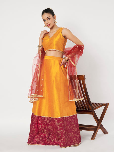 Dupion Block Printed Border Bias Lehenga Set