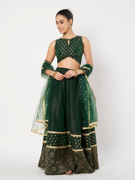 Dupion Block Printed Border Bias Lehenga Set