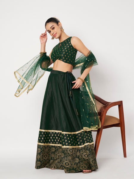 Dupion Block Printed Border Bias Lehenga Set