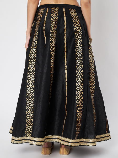 Dupion Hand Block Printed Embellished Bias Skirt