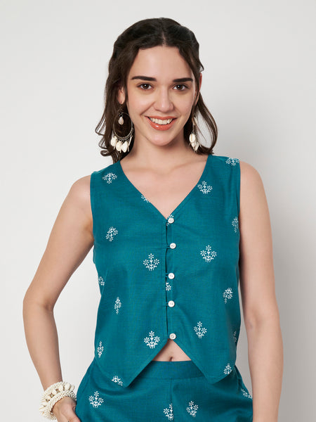 Cotton Block Printed Button Down Waistcoat