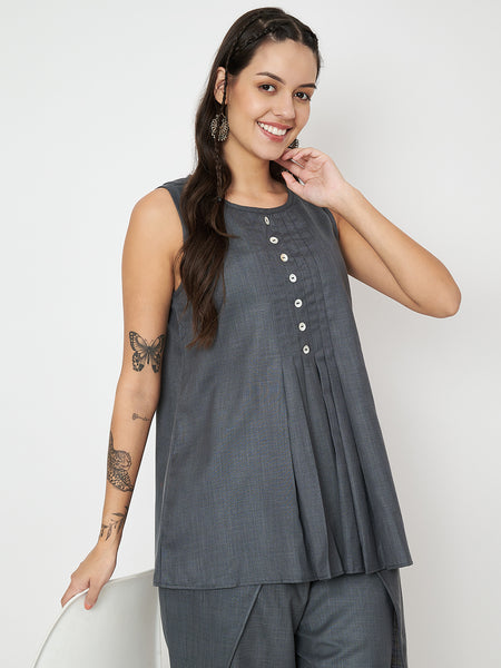 Cotton Pleated Button Top