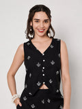 Cotton Block Printed Button Down Waistcoat