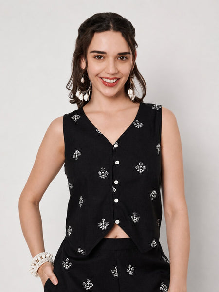 Cotton Block Printed Button Down Waistcoat