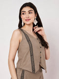 Cotton Block Printed Button Down Waistcoat