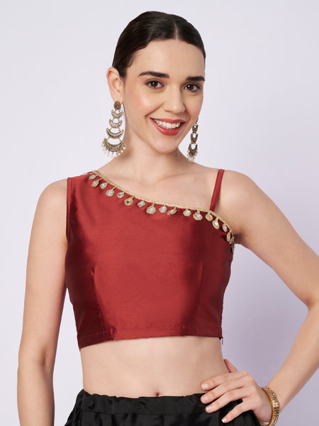 Silk Blend One Shoulder Embellished Readymade Blouse