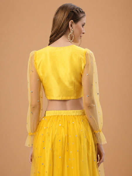 Dupion and Net Sequin Embroidered Panelled Readymade Blouse
