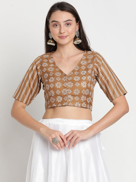 Cotton Hand Block Printed V-neck Blouse