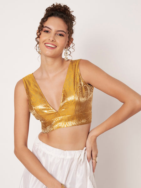 Silk Brocade V-neck Padded Readymade Blouse