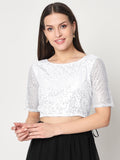 Net Sequin Embroidered Sheer Sleeves Crop Top