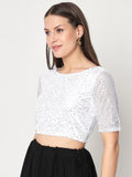 Net Sequin Embroidered Sheer Sleeves Crop Top