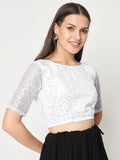 Net Sequin Embroidered Sheer Sleeves Crop Top