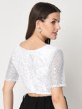 Net Sequin Embroidered Sheer Sleeves Crop Top