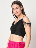 Chroma Solid Spaghetti Scallop Lace Crop Top