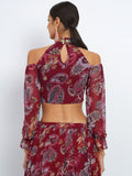 Georgette Printed Cold Shoulder Embellished Crop Top