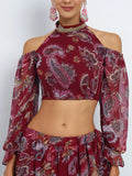 Georgette Printed Cold Shoulder Embellished Crop Top