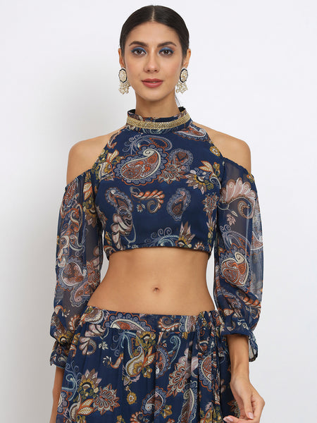 Georgette Printed Cold Shoulder Embellished Crop Top