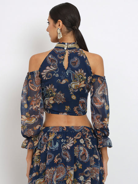 Georgette Printed Cold Shoulder Embellished Crop Top