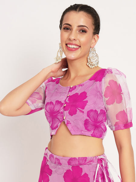 Organza Floral Print Button Down Crop Top