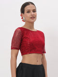 Net Sequin Embroidered Sheer Sleeves Crop Top