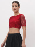 Net Sequin Embroidered Sheer Sleeves Crop Top