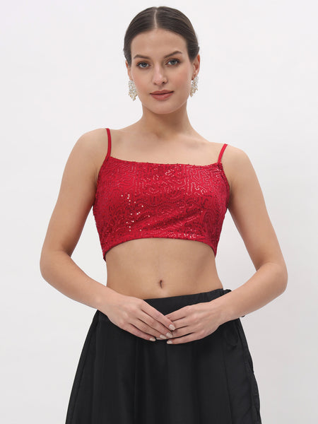 Net Sequin Embroidered Spaghetti Crop Top