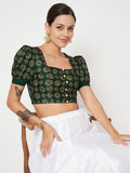 Silk Blend Block Printed Button Down Crop Top