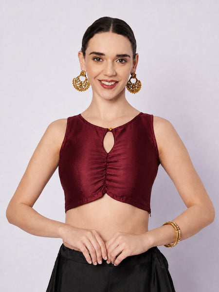 Silk Blend Solid Key-hole Readymade Blouse