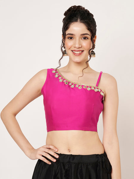 Silk Blend One Shoulder Embellished Readymade Blouse