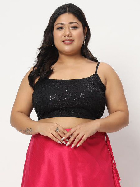 Plus Size Net Sequin Embroidered Spaghetti Crop Top