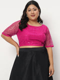 Plus Size Net Sequin Embroidered Sheer Sleeves Crop Top