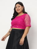 Plus Size Net Sequin Embroidered Sheer Sleeves Crop Top