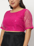 Plus Size Net Sequin Embroidered Sheer Sleeves Crop Top