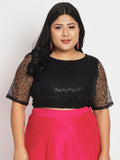 Plus Size Net Sequin Embroidered Sheer Sleeves Crop Top