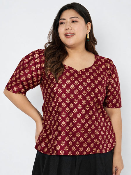 Plus Size Silk Blend Hand Block Printed Blouse