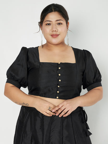 Plus Size Silk Blend Button Down Crop Top
