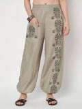 Light grey hand block printed cotton trouser for women. Black print, Tribal print, comes with a pocket. Jogger style. 